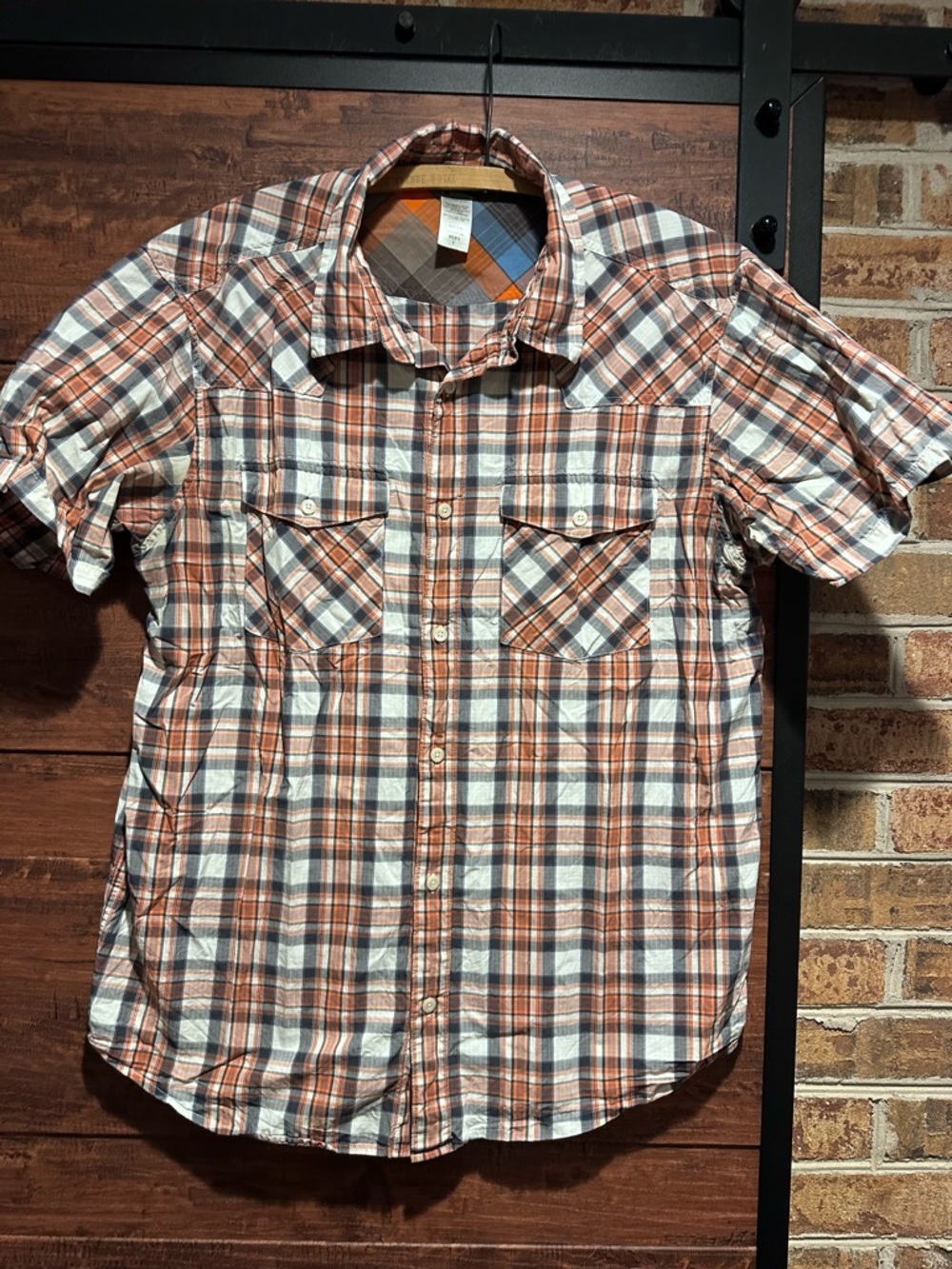 Patagonia Men's Button Front Shirt Orange Plaid 100% Organic Cotton  L (54)